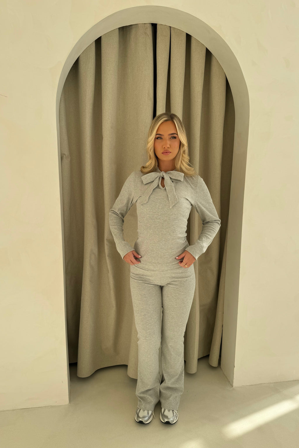 Fitted Waistband Flared Pants in Grey Marl Ribbed Jersey