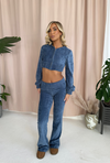 ZIP UP Cropped Jacket in Petrol Blue Velour