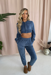 ZIP UP Cropped Jacket in Petrol Blue Velour