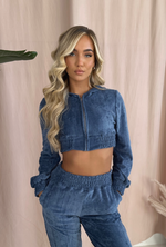 ZIP UP Cropped Jacket in Petrol Blue Velour