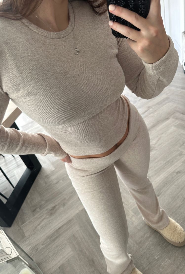 ADIA Long Sleeve Top & Foldover Pants in Beige Marl Ribbed Jersey